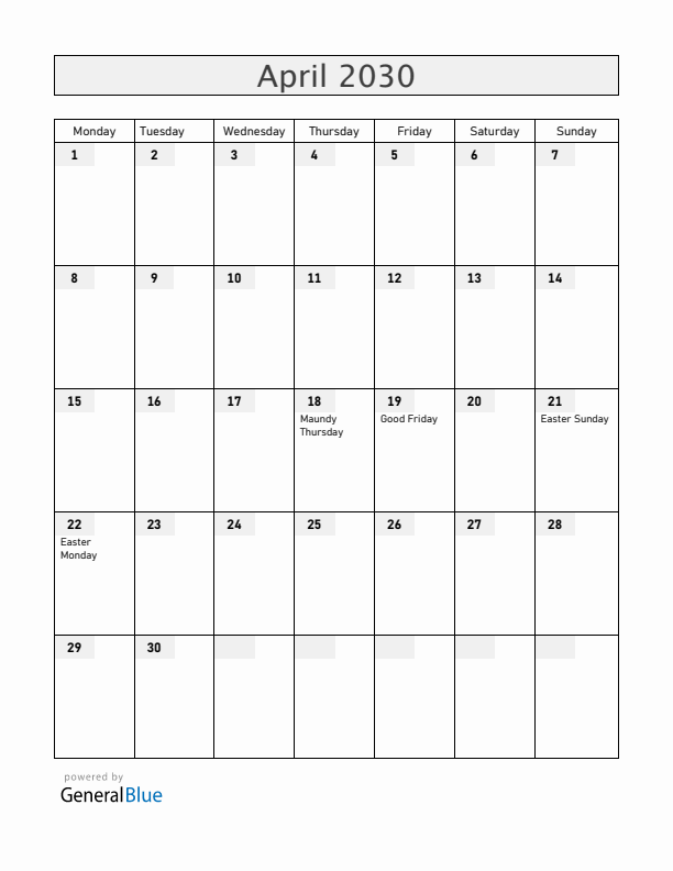 Germany April 2030 Calendar with Holidays