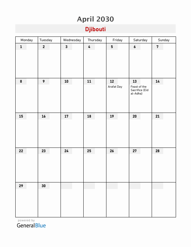 Djibouti April 2030 Calendar with Holidays