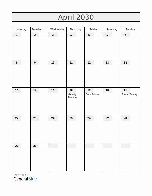 Ecuador April 2030 Calendar with Holidays