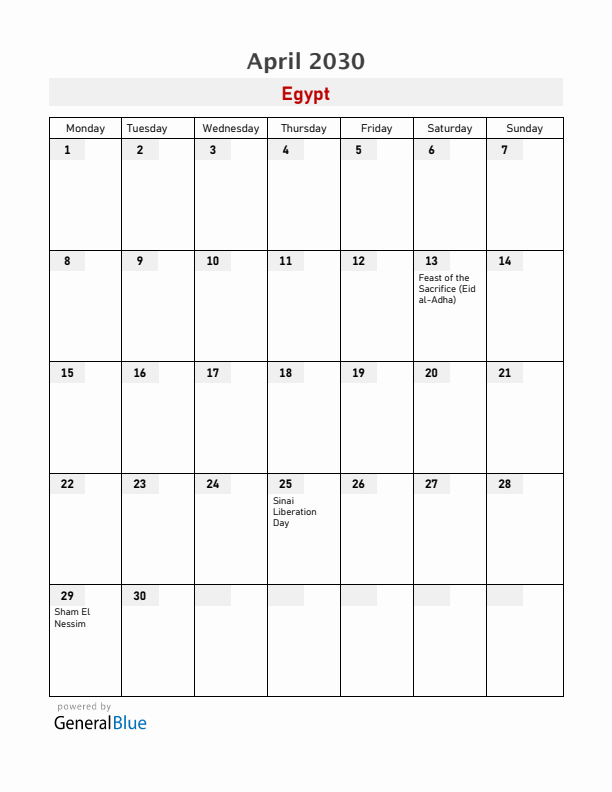 Egypt April 2030 Calendar with Holidays