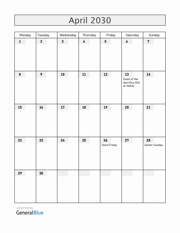 Ethiopia April 2030 Calendar with Holidays