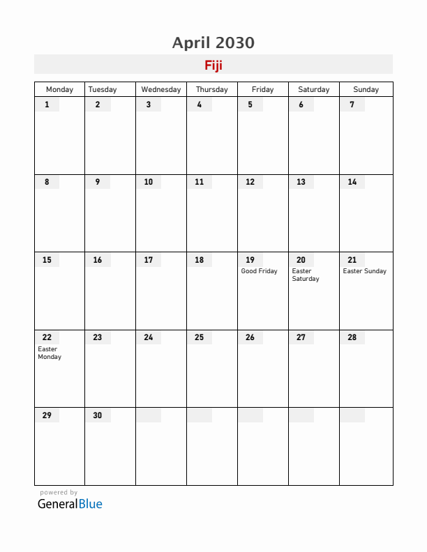 Fiji April 2030 Calendar with Holidays