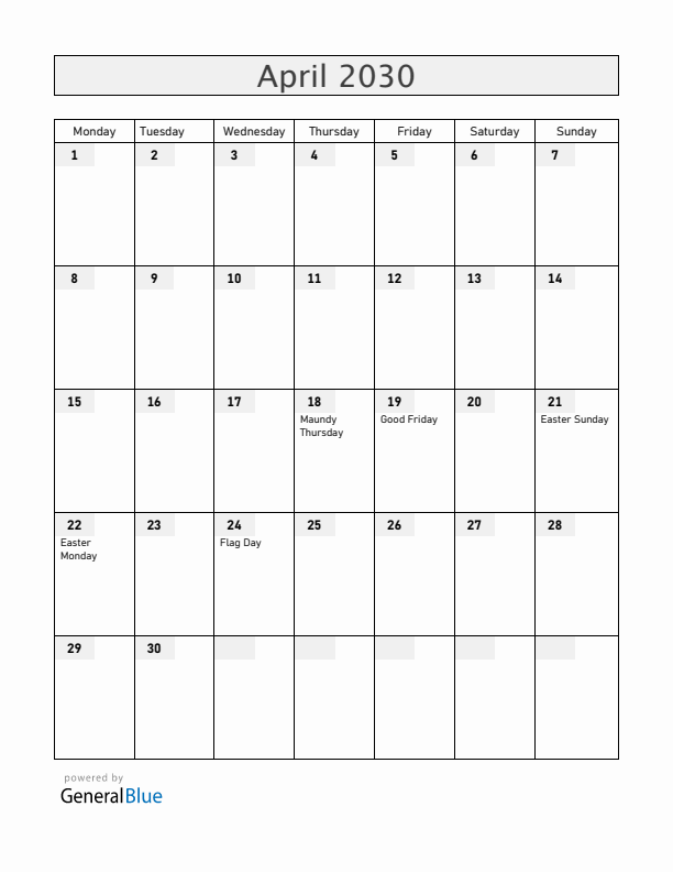 Faroe Islands April 2030 Calendar with Holidays