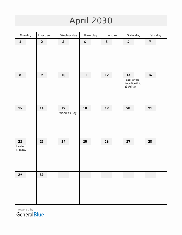 Gabon April 2030 Calendar with Holidays
