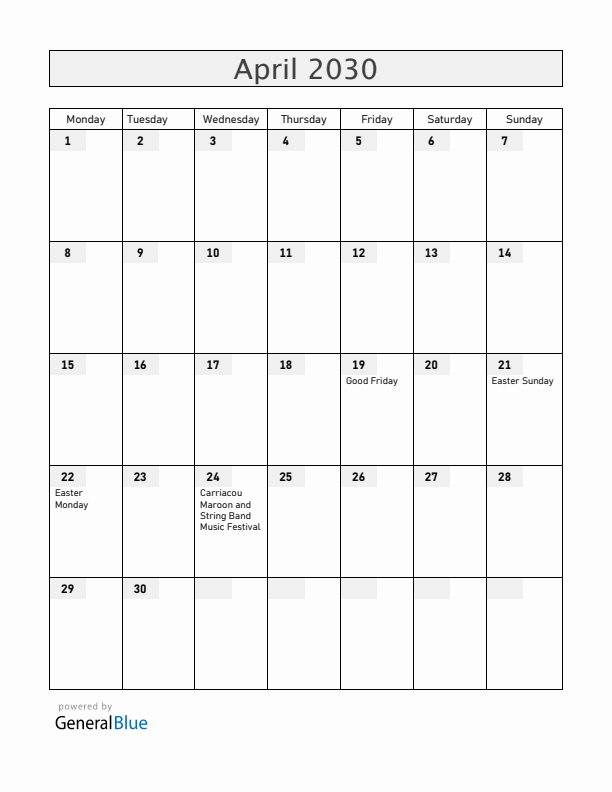 Grenada April 2030 Calendar with Holidays
