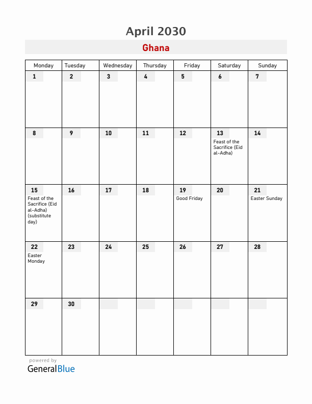 Ghana April 2030 Calendar with Holidays