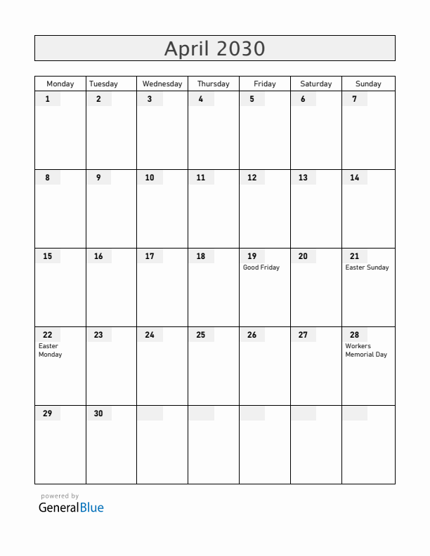 Gibraltar April 2030 Calendar with Holidays