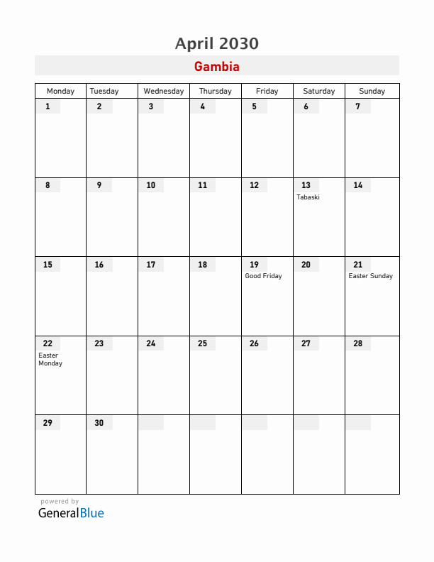 Gambia April 2030 Calendar with Holidays
