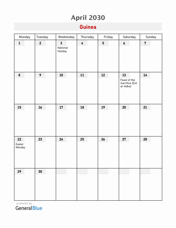 Guinea April 2030 Calendar with Holidays