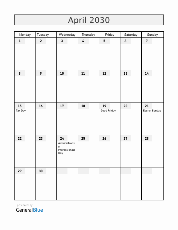 Guam April 2030 Calendar with Holidays