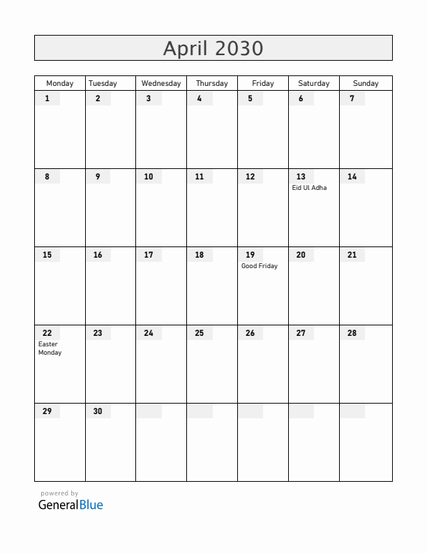 Guyana April 2030 Calendar with Holidays