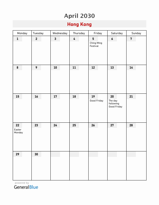 Hong Kong April 2030 Calendar with Holidays