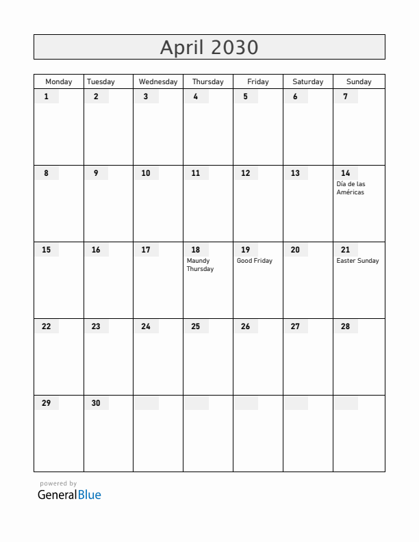Honduras April 2030 Calendar with Holidays
