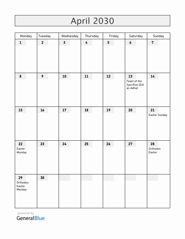 Croatia April 2030 Calendar with Holidays