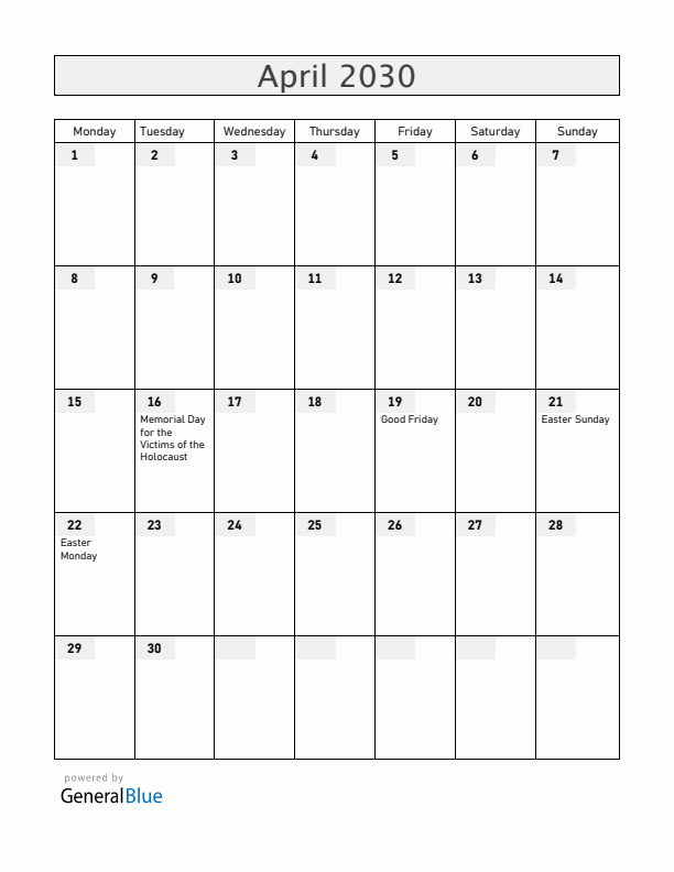 Hungary April 2030 Calendar with Holidays
