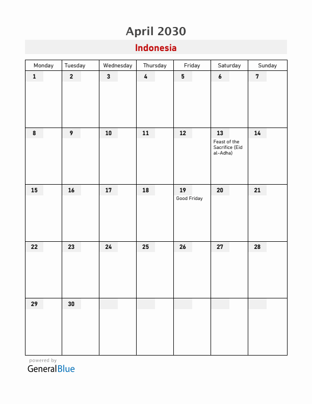 Indonesia April 2030 Calendar with Holidays