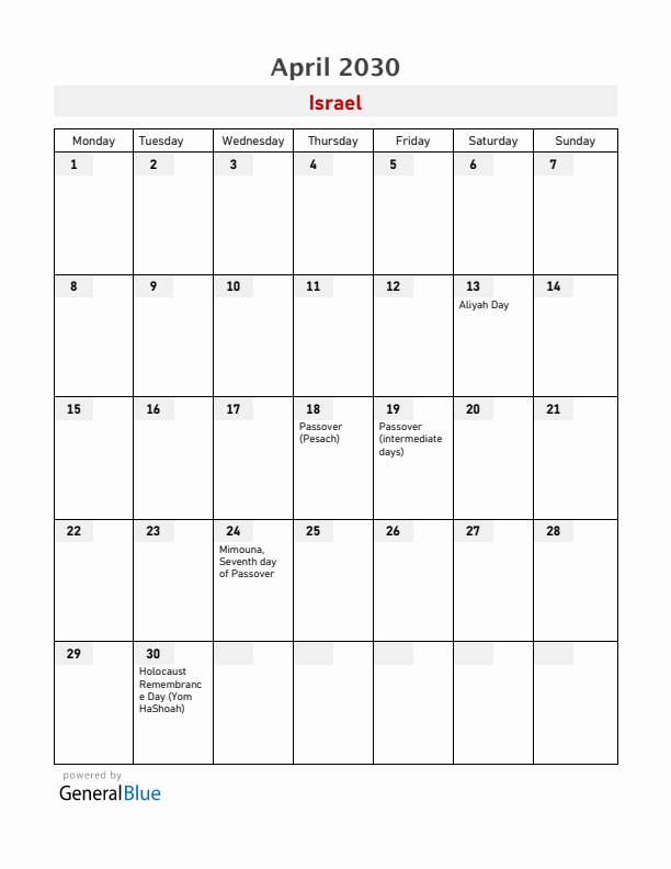Israel April 2030 Calendar with Holidays