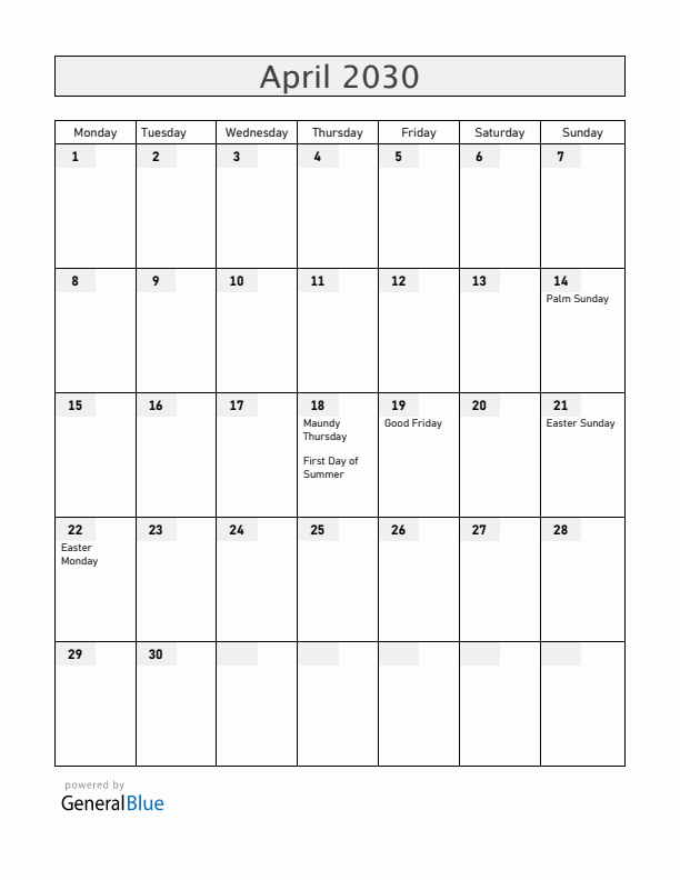 Iceland April 2030 Calendar with Holidays