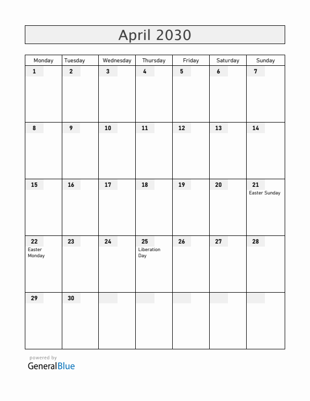 Italy April 2030 Calendar with Holidays