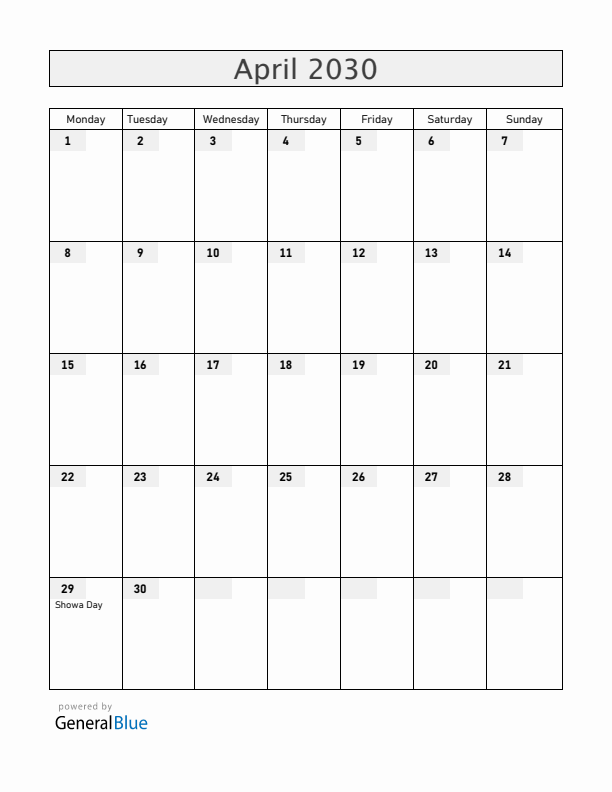 Japan April 2030 Calendar with Holidays