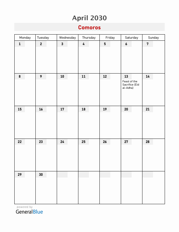 Comoros April 2030 Calendar with Holidays