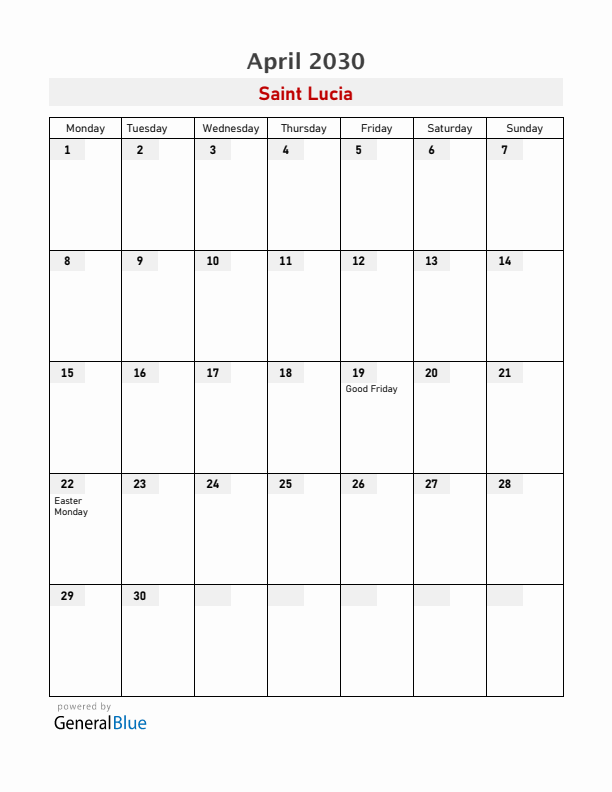 Saint Lucia April 2030 Calendar with Holidays