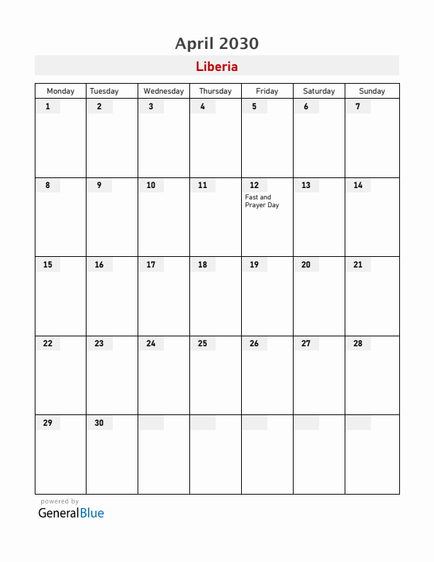 Liberia April 2030 Calendar with Holidays