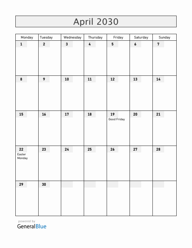 Lesotho April 2030 Calendar with Holidays
