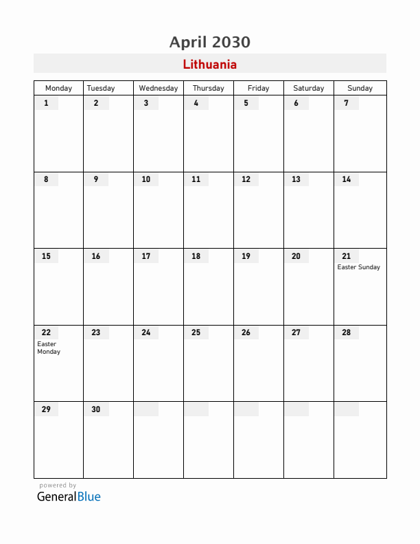 Lithuania April 2030 Calendar with Holidays