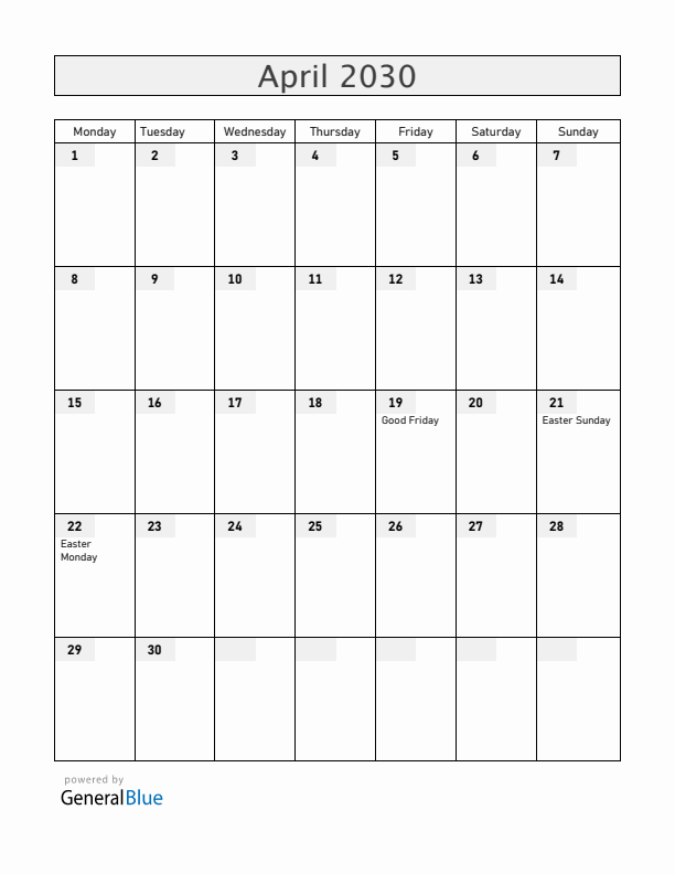Luxembourg April 2030 Calendar with Holidays