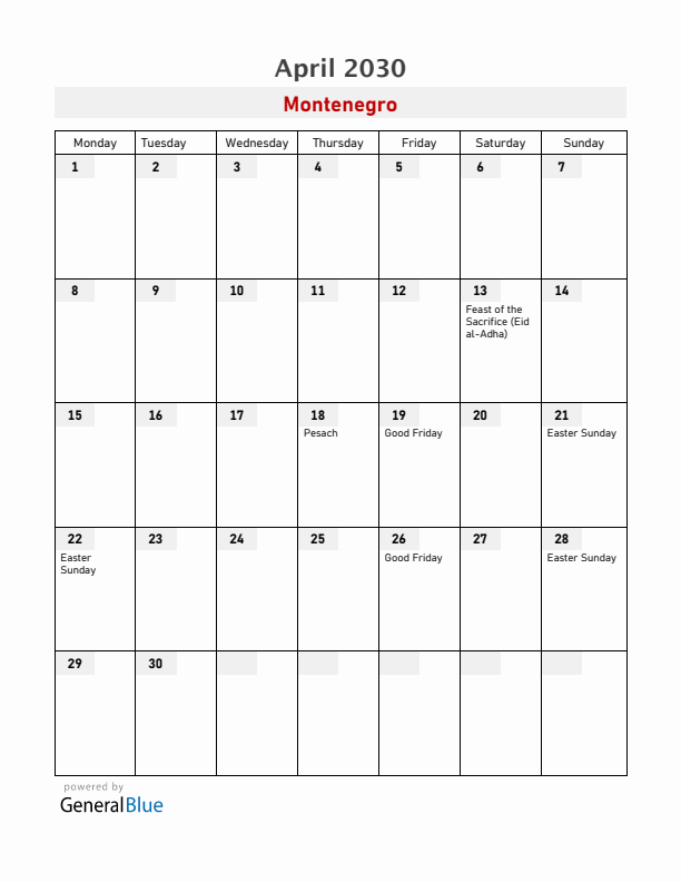 Montenegro April 2030 Calendar with Holidays