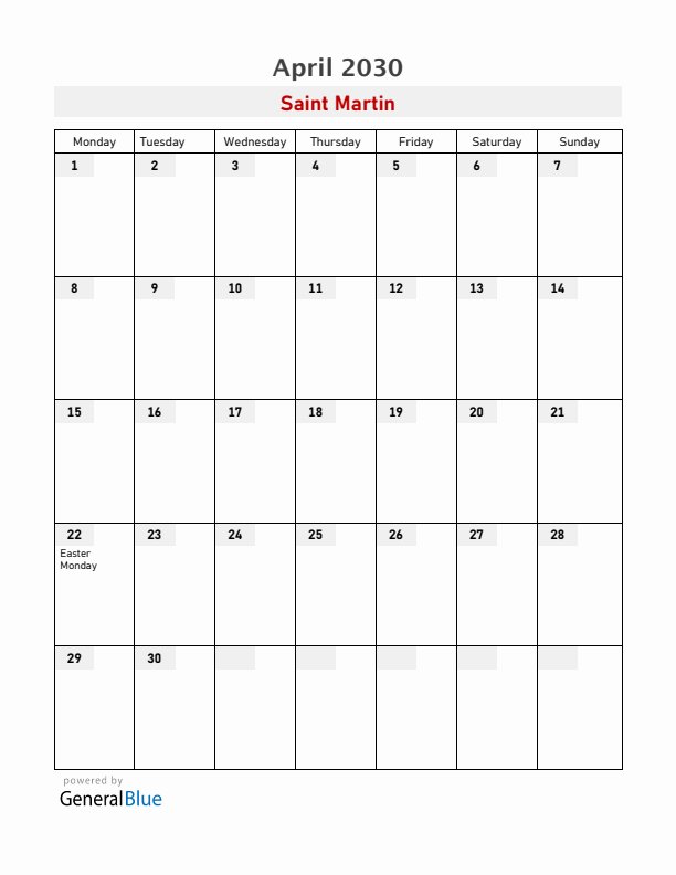 Saint Martin April 2030 Calendar with Holidays