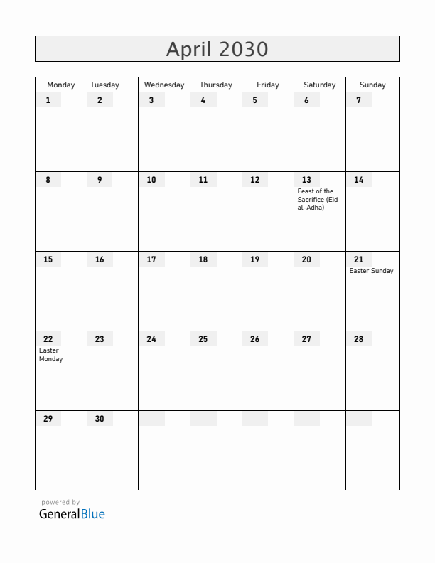 Madagascar April 2030 Calendar with Holidays