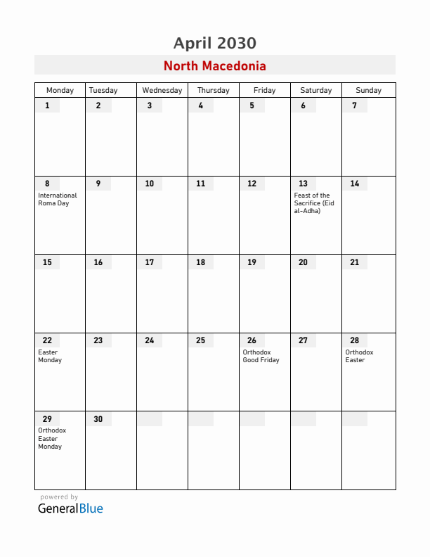 North Macedonia April 2030 Calendar with Holidays