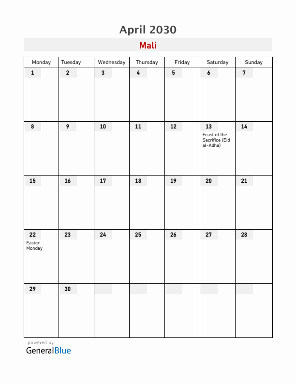 Mali April 2030 Calendar with Holidays