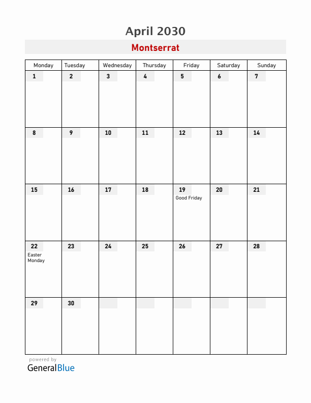 Montserrat April 2030 Calendar with Holidays