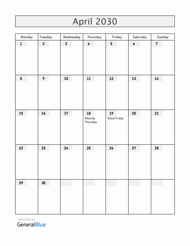 Mexico April 2030 Calendar with Holidays