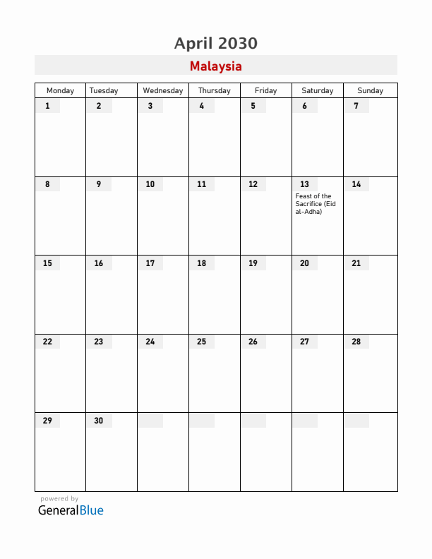 Malaysia April 2030 Calendar with Holidays