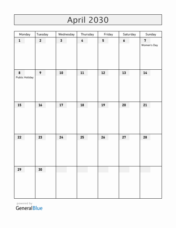 Mozambique April 2030 Calendar with Holidays
