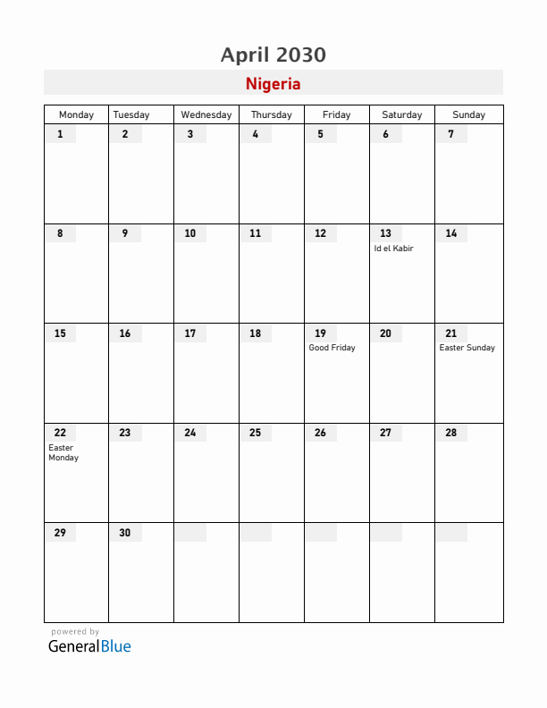 Nigeria April 2030 Calendar with Holidays
