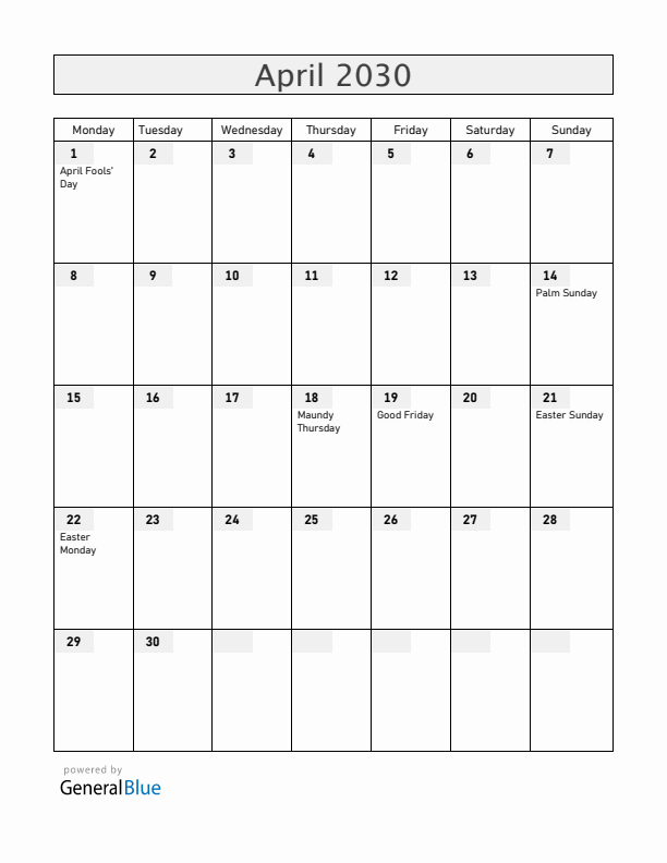 Norway April 2030 Calendar with Holidays