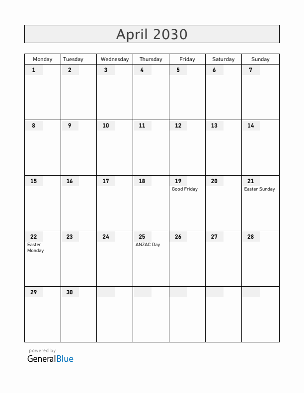 New Zealand April 2030 Calendar with Holidays