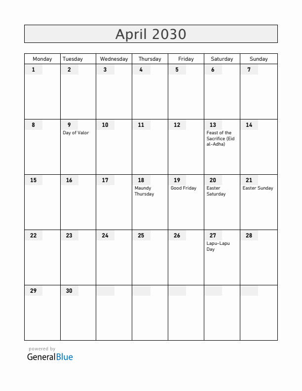 Philippines April 2030 Calendar with Holidays