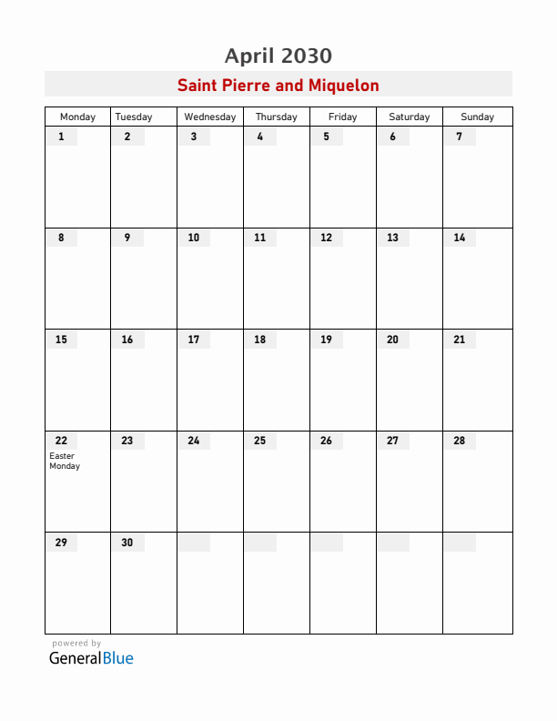 Saint Pierre and Miquelon April 2030 Calendar with Holidays