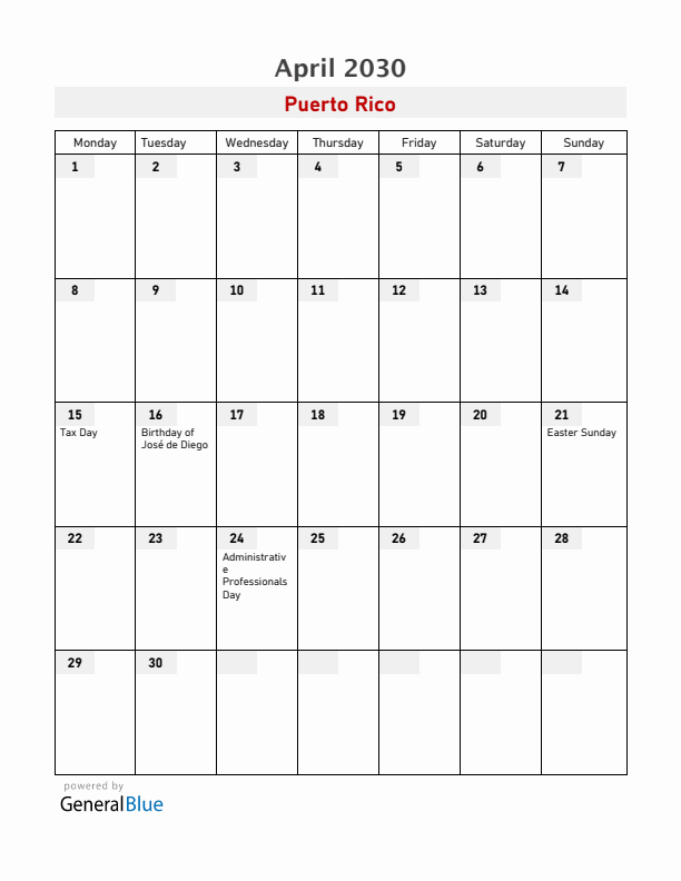 Puerto Rico April 2030 Calendar with Holidays
