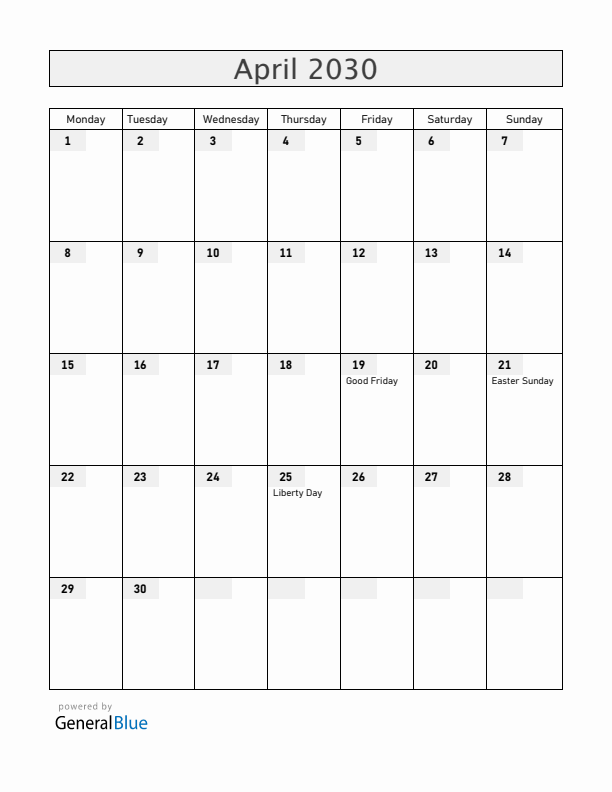 Portugal April 2030 Calendar with Holidays