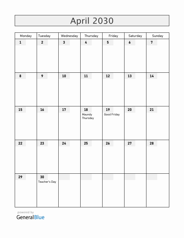 Paraguay April 2030 Calendar with Holidays