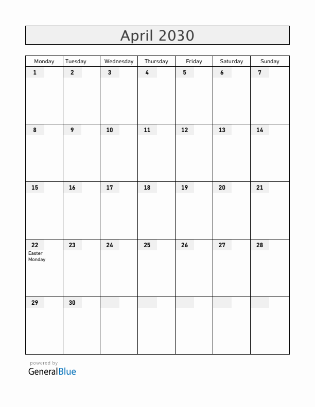 Reunion April 2030 Calendar with Holidays