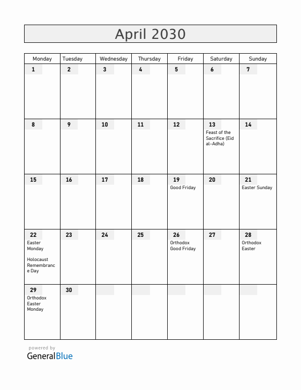 Serbia April 2030 Calendar with Holidays
