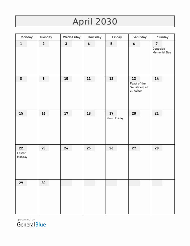 Rwanda April 2030 Calendar with Holidays